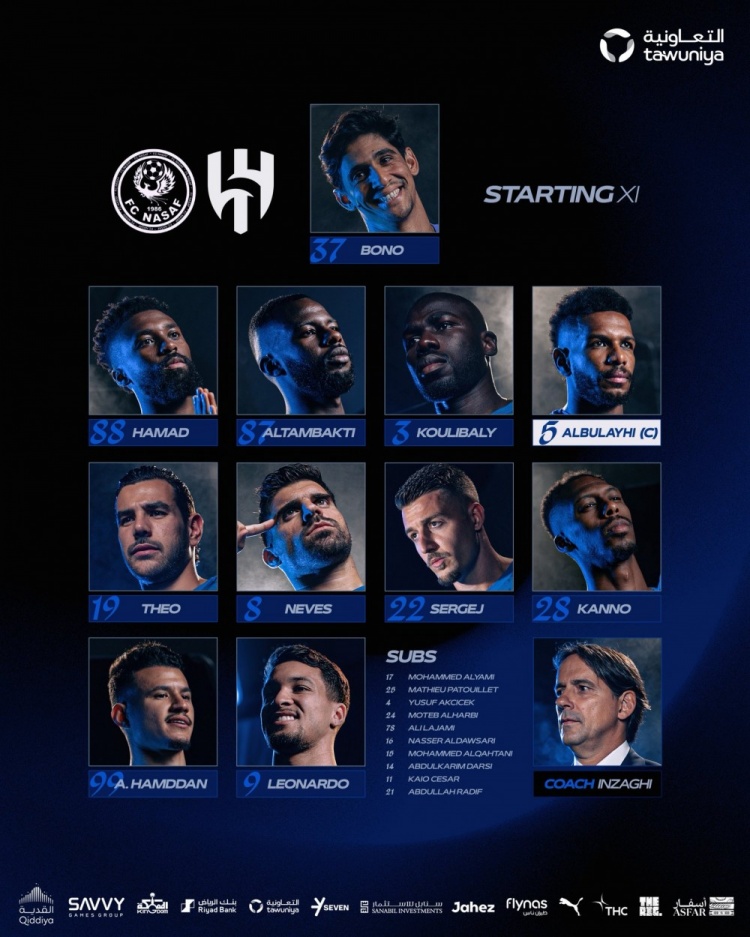 亚冠-利雅得新月vs纳萨夫首发:米林科维奇、库利巴利、特奥出战