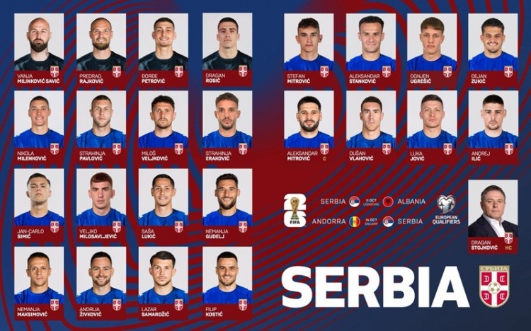 塞尔维亚公布名单:弗拉霍维奇领衔,A-斯坦科维奇首次入选国家队